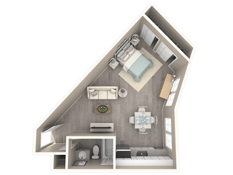 A 3D rendered image of a house layout.